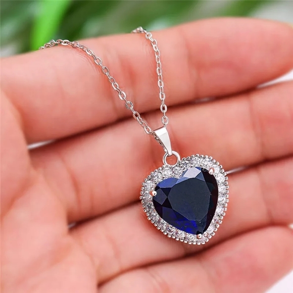 Classic Silver Ocean Heart Blue Crystal Necklace - Picture 2 of 6